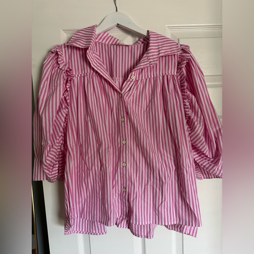 Karlie Pink and White Striped Button Down Shirt with 3/4 Sleeves